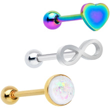 Load image into Gallery viewer, White Faux Opal Rainbow Infinity Heart Barbell Tongue Ring Set of 3