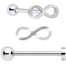 Load image into Gallery viewer, White Faux Opal Rainbow Infinity Heart Barbell Tongue Ring Set of 3