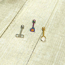 Load image into Gallery viewer, White Faux Opal Rainbow Infinity Heart Barbell Tongue Ring Set of 3