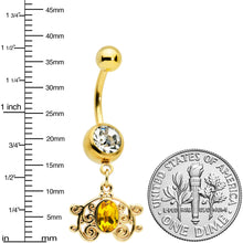 Load image into Gallery viewer, Clear Yellow Gold Tone Duet Scroll Dangle Belly Ring