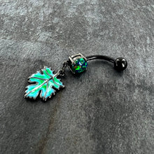 Load image into Gallery viewer, Green Synthetic Opal Black Fall Green Leaf Dangle Belly Ring