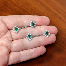 Load image into Gallery viewer, 14G 9/16 Clear Green Gem Ornate Art Deco Barbell Nipple Ring Set