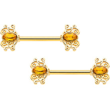 Load image into Gallery viewer, 14G 9/16 Yellow Gem Gold Hue Duet Scroll Barbell Nipple Ring Set