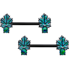 Load image into Gallery viewer, 14G 1/2 Green Synthetic Opal Black Fall Leaf Nipple Ring Set