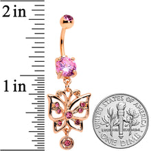 将图片加载到图库查看器,Pink CZ Gem Rose Gold Tone Butterfly Dangle Belly Ring