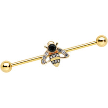 将图片加载到图库查看器,14G Clear Black Gem Gold Tone Angular Bee Industrial Barbell 38mm