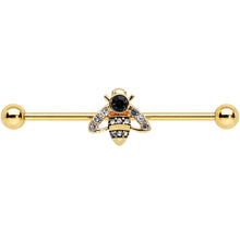将图片加载到图库查看器,14G Clear Black Gem Gold Tone Angular Bee Industrial Barbell 38mm
