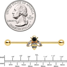 将图片加载到图库查看器,14G Clear Black Gem Gold Tone Angular Bee Industrial Barbell 38mm