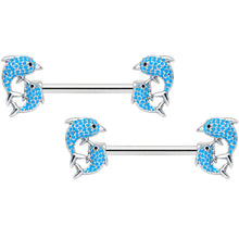 Load image into Gallery viewer, 14G 9/16 Black Blue Gem Leaping Dolphin Barbell Nipple Ring Set