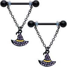 将图片加载到图库查看器,14G 9/16 Clear Gem Black Witch Hat Chain Dangle Nipple Ring Set