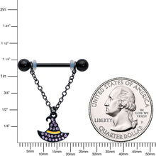 将图片加载到图库查看器,14G 9/16 Clear Gem Black Witch Hat Chain Dangle Nipple Ring Set
