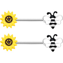 Load image into Gallery viewer, 14G 9/16 Bee Smiley Sunflower Barbell Nipple Ring Set