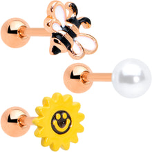 Load image into Gallery viewer, 16G 1/4 Rose Gold Tone Bee Smile Flower Cartilage Tragus Set of 3