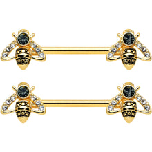 将图片加载到图库查看器,14G 9/16 Clear Black Gem Gold Tone Angular Bee Nipple Ring Set