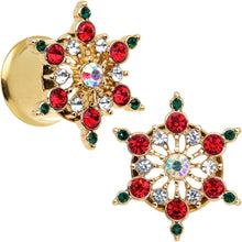 Load image into Gallery viewer, Red Green Gem Gold Tone Bright Christmas Double Flare Plug Set