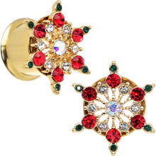 Load image into Gallery viewer, Red Green Gem Gold Tone Bright Christmas Double Flare Plug Set