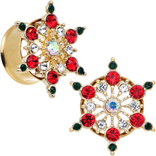Load image into Gallery viewer, Red Green Gem Gold Tone Bright Christmas Double Flare Plug Set