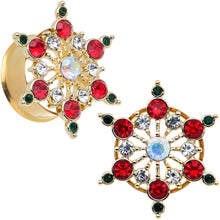 Load image into Gallery viewer, Red Green Gem Gold Tone Bright Christmas Double Flare Plug Set