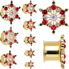 Load image into Gallery viewer, Red Green Gem Gold Tone Bright Christmas Double Flare Plug Set