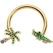 将图片加载到图库查看器,16G 3/8 Gold Tone Green Gator Palm Tree Horseshoe Curved Barbell