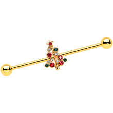Load image into Gallery viewer, 14G Red Gem Gold Tone Christmas Tree Industrial Barbell 38mm