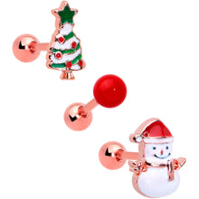 将图片加载到图库查看器,16G 1/4 Red Gem Rose Gold Tone Snowman Christmas Tragus Set of 3