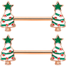 Load image into Gallery viewer, 14G 9/16 Red Gem Rose Gold Tone Christmas Tree Nipple Ring Set