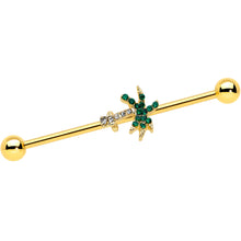 Load image into Gallery viewer, 14G Green Gem Gold Tone Tropic Palm Tree Industrial Barbell 38mm