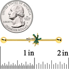 Load image into Gallery viewer, 14G Green Gem Gold Tone Tropic Palm Tree Industrial Barbell 38mm