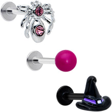 Load image into Gallery viewer, 16G 5/16 Pink Gem Spider Witch Halloween Labret Tragus Set of 3