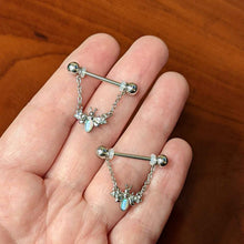 Load image into Gallery viewer, 14G 9/16 White Synthetic Opal Chain Dangle Nipple Ring Set