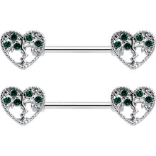 Load image into Gallery viewer, 14G 9/16 Green Gem Heart Tree Valentine Nipple Ring Set