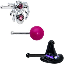 Load image into Gallery viewer, 20G 1/4 Pink Gem Spider Witch Halloween Nose Bone Set of 3