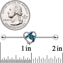 Load image into Gallery viewer, 14G Clear Blue Gem Dolphin Heart Industrial Barbell 38mm