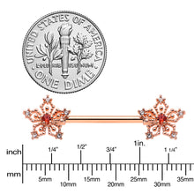 Load image into Gallery viewer, 14G 9/16 Red Gem Rosy Hue Texture Snowflake Barbell Nipple Ring Set