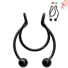 Load image into Gallery viewer, Black Horseshoe Ball Fake Septum Ring Nipple and Clip on Earring