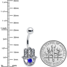 Load image into Gallery viewer, Clear Blue Gem Eye Hamsa Hand Belly Ring