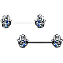 将图片加载到图库查看器,14G 9/16 Clear Blue Gem Textured Hamsa Hand Nipple Ring Set