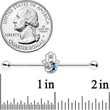 Load image into Gallery viewer, 14G Clear Blue Gem Textured Hamsa Hand Industrial Barbell 38mm