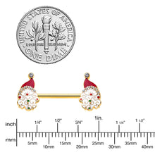 Load image into Gallery viewer, 14G 1/2 Clear Gem Gold Tone Decorated Santa Barbell Nipple Ring Set