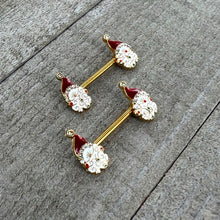Load image into Gallery viewer, 14G 1/2 Clear Gem Gold Tone Decorated Santa Barbell Nipple Ring Set