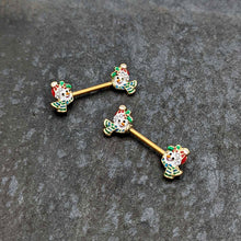 Load image into Gallery viewer, 14G 9/16 Clear Gem Gold Tone Snowman Christmas Nipple Ring Set