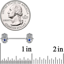 Load image into Gallery viewer, 14G 9/16 Clear Blue Gem Eye Hamsa Hand Barbell Nipple Ring Set