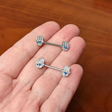 Load image into Gallery viewer, 14G 9/16 Clear Blue Gem Eye Hamsa Hand Barbell Nipple Ring Set