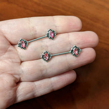 Load image into Gallery viewer, 14G 9/16 Pink Gem Rhombus Retro Barbell Nipple Ring Set