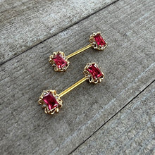Load image into Gallery viewer, 14G 9/16 Red Gem Gold Hue Regal Escutcheon Barbell Nipple Ring Set