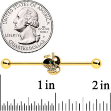 Load image into Gallery viewer, 14G Clear Gem Gold Tone Mom Baby Whale Industrial Barbell 38mm