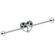 Load image into Gallery viewer, 14G Green Gem Heart Tree Valentines Day Industrial Barbell 38mm