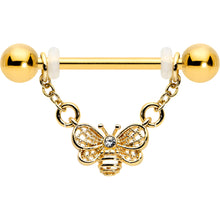 Load image into Gallery viewer, 14G 5/8 Clear Gem Gold Tone Chain Dangle Barbell Nipple Ring Set