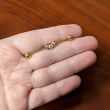 Load image into Gallery viewer, 14G White Faux Opal Gold Hue Bunch Flower Industrial Barbell 38mm